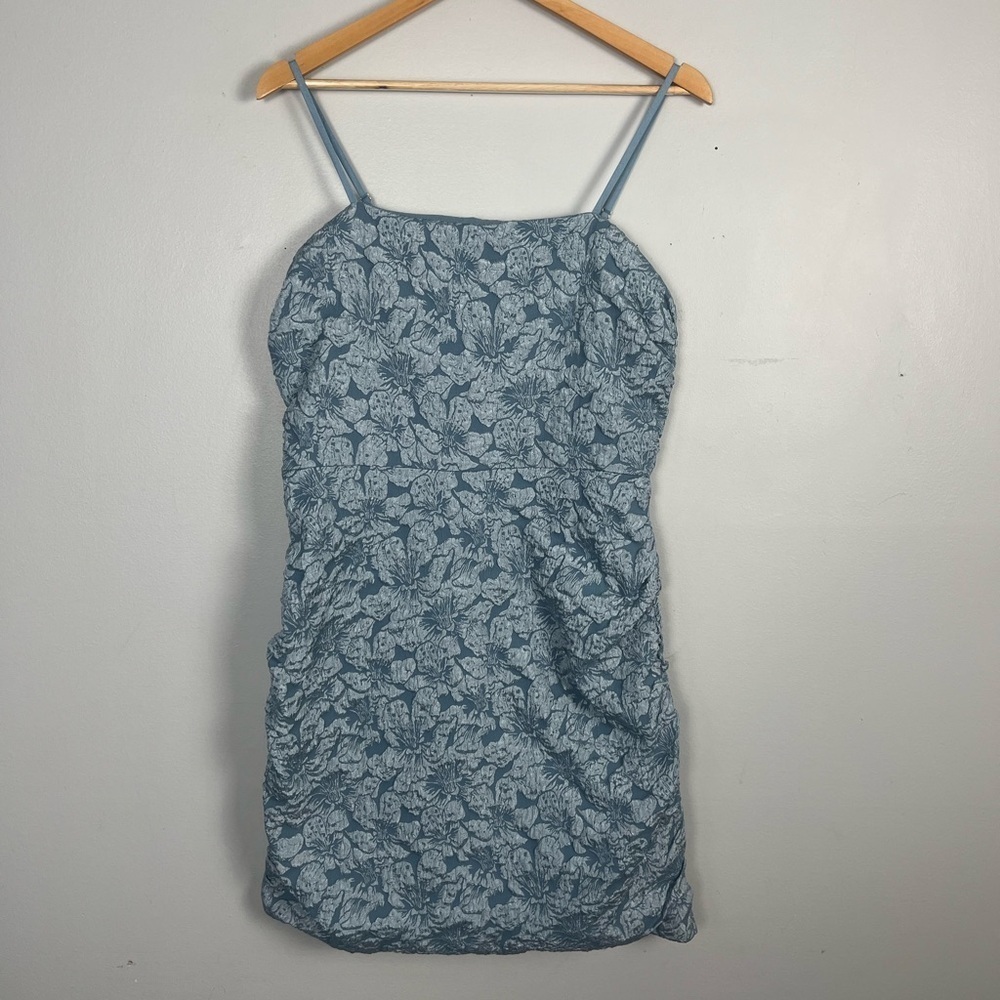 THML blue ruched floral embossed mini dress size medium